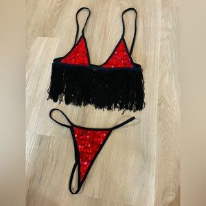 Vintage 90s Y2K Sequinned Lingerie Bra and G-string with Tassels Set. XS